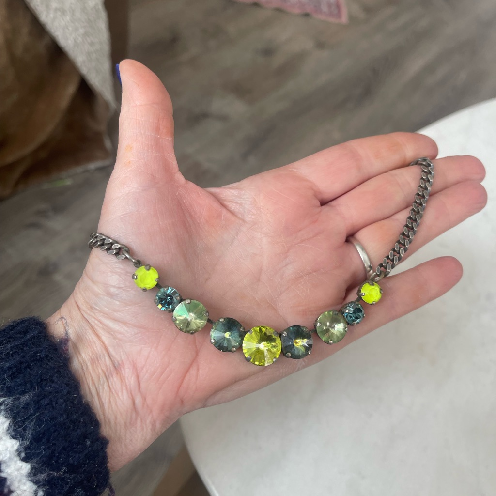Tova Crystal Necklace Green Yellow Gunmetal Statement